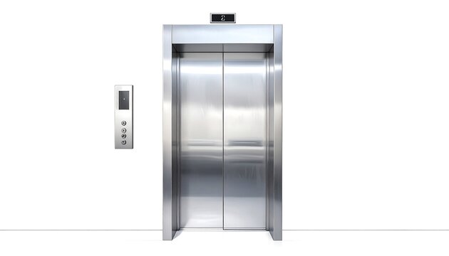 A stainless steel elevator door with control panel on a white wall