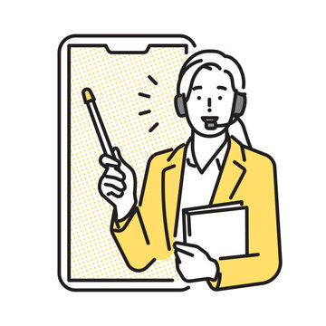 シンプル　イラスト　スマートフォンで英会話レッスンをするオンライン英語講師のイメージ ベクターイラスト