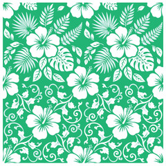 Vibrant Tropical Green and White Hibiscus Pattern with Exotic Leaves and Floral Swirls for Summer Fabric, Wallpaper, and Textile Design - Seamless Botanical Vector Design Illustration. © DaniArianto 