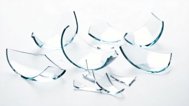 Sharp fragments of clear glass lie scattered on a white surface, creating a sense of fragility and breakage.