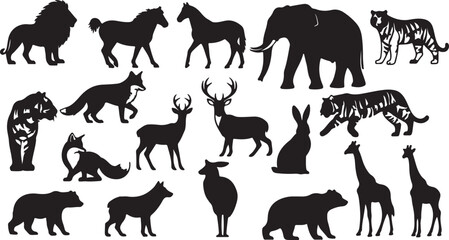 Fototapeta premium Set of 20 Black Wild Animal Silhouettes. Vector Collection of Safari and Forest Mammal Icons. isolated PNG with Transparent Background
