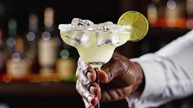 Hand Presenting Margarita Cocktail With Lime And Salt Rim In Dark Bar Setting