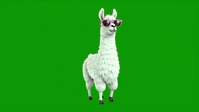 Whimsical white llama wearing pink heart sunglasses dances on a vibrant green screen background showcasing playful movement and joyful expression perfect for animated content and creative projects