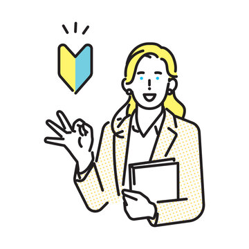シンプル　イラスト　英語初心者向け英会話レッスンを案内する女性講師のイメージ ベクターイラスト