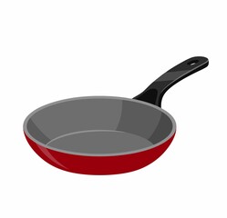 Red non-stick frying pan with black handle isolated on white background