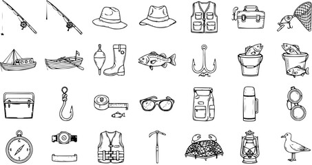 Hand-drawn fishing and nautical icons set. Doodle style sketch collection of outdoor activity equipment, tools, and marine life essentials on white background. © sanday