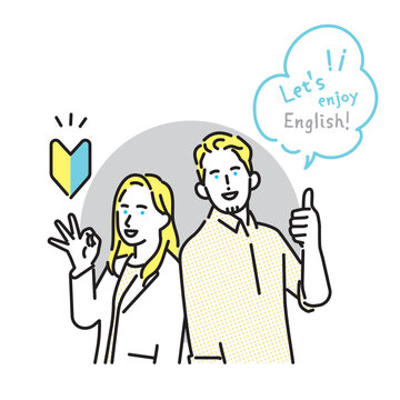 シンプル　イラスト　英語初心者向け英会話レッスンを案内する男女講師のイメージ ベクターイラスト