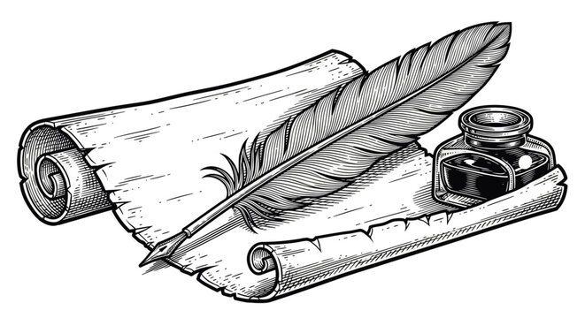 Vintage engraving feather quill pen with ink bottle and parchment scroll hand drawn woodcut style historical writing illustration