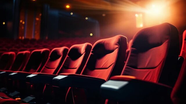 Rows of plush red seats in dim cinema. Soft light glows warmly from overhead. Audience is absent, space feels serene. Seats gleam invitingly in quiet grandeur. Ideal for movie, event