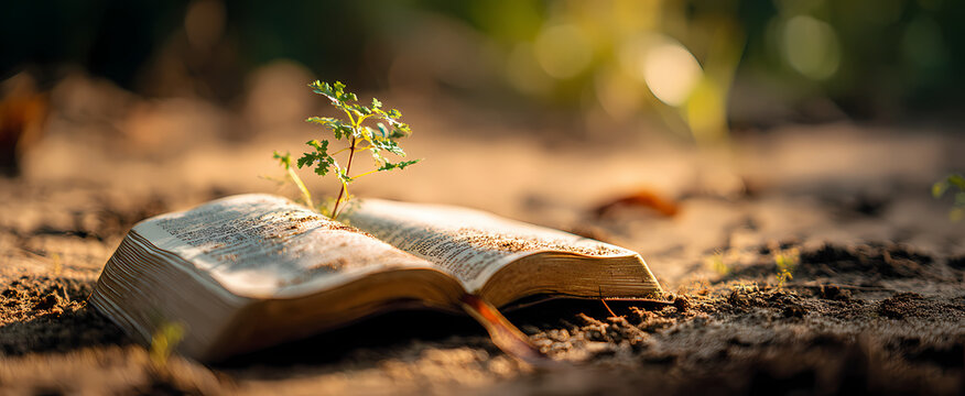 Primo piano di un libro con germogli verdi al sole del mattino: La conoscenza &egrave; potere, materiale per classi di studio biblico