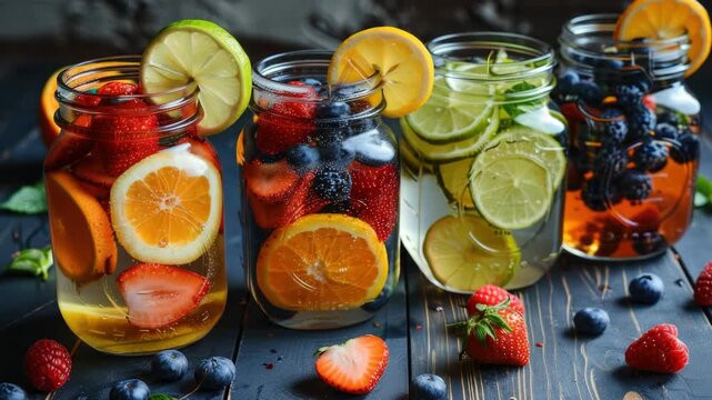 Fresh fruit slices float in colorful infused waters. Jars sit on rustic wooden surface. Bright oranges, limes, strawberries, and blueberries add vibrancy. Natural light highlights juicy textures