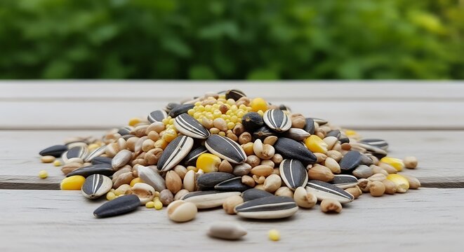 Variety of birdseed mix on wooden table outdoors