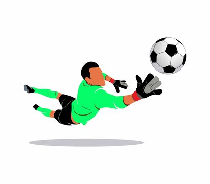 Soccer goalkeeper diving to save ball in green uniform on white background