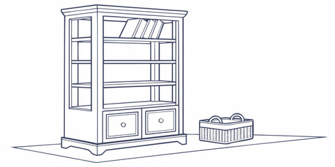 Hand drawn illustration of a wooden bookcase with books and a storage basket © MDMamun Islam