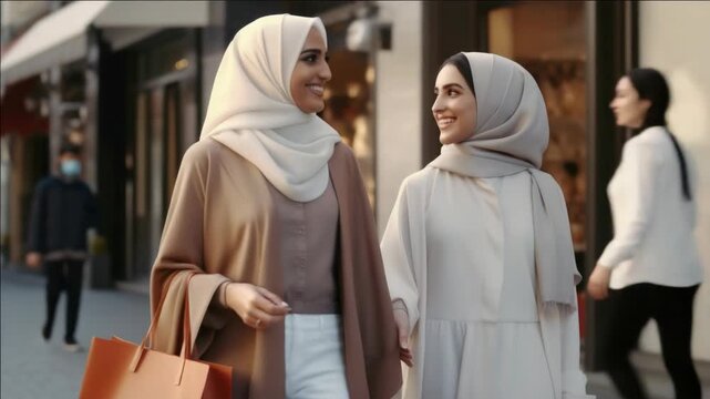 Two women stroll down a busy city street. They wear modest headscarves and casual outfits. One carries a structured leather tote bag. They smile, enjoying their walk together