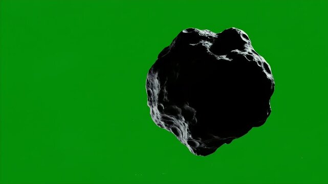 A dark, textured asteroid floats in a bright green background. It has craters and shadows