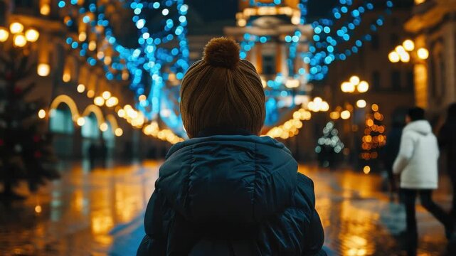 Cozy figure stands in glowing, festive night street. Blue lights twinkle overhead, reflecting off wet pavement. Warm golden lamps glow along elegant archways. Person wears knitted hat
