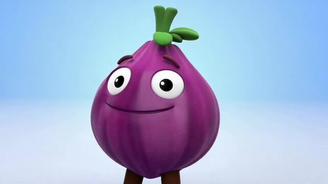 Animated cartoon onion character with big eyes and a friendly smile stands against a light blue gradient background