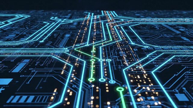 Abstract digital circuit board with glowing blue and green lines representing data flow and technology innovation