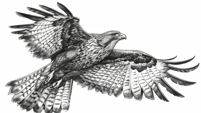 Eagle soars with wings fully extended. Feathers detailed in crisp black-and-white contrast. Strong, focused gaze points ahead with purpose. Dynamic motion captured mid-flight, uncluttered