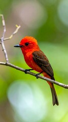 Crimson-bodied bird perched delicately on a branch with lush green background