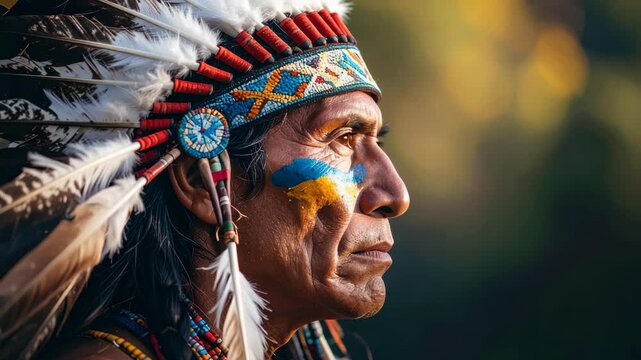 Elderly man wearing traditional headdress with feathers and face paint looks into distance