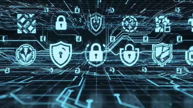 Digital security and cybersecurity concept with glowing icons of locks and shields on a circuit board background