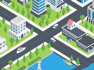 Obraz premium Isometric illustration of a modern city with buildings roads and vehicles