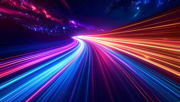 Vibrant, flowing light streaks in blue, magenta, and orange, suggestive of speed and motion against a starry background