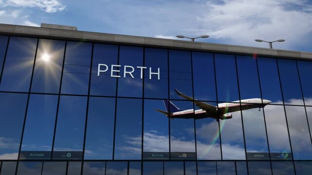 Plane landing at Perth, Australia. Arrival in the city with the glass airport terminal and reflection of the jet aircraft. Travel, business, tourism and transport 3D concept.
