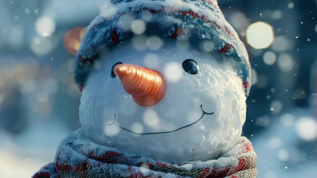 Snowman smiles warmly in snowy blur. Soft snowflakes drift around his face. He wears a cozy, textured hat and scarf. Carrot nose and stitched grin add charm. Winter scene feels peaceful and inviting