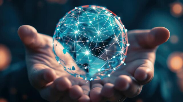 Hands cradle glowing digital sphere. Connections pulse with intelligent light. Technology flows through human grasp. Futuristic network hums in palms. Digital future held with care and precision
