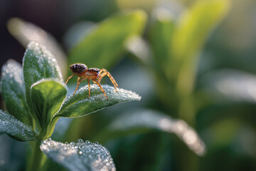 Naklejka premium A tiny spider sits on a dew-kissed leaf in the warm morning light, illustrating the beauty of nature's intricacies and the delicate balance of life in a garden setting.