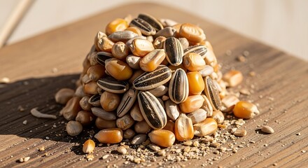 Fototapeta premium Mixed bird seeds pile on wooden board with natural light