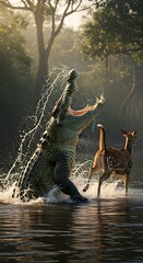 Fototapeta premium Man splashing water on a deer.