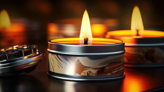 Warm glow flickers in metal tin. Soft light spills over dark surface. Candles arranged with gentle focus. Fires glow against blurred background. Peaceful ambiance wraps the scene