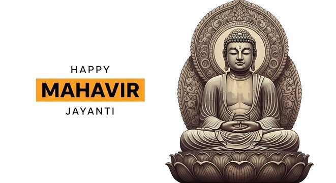 Mahavir Jayanti Celebration with Lord Mahavir Statue in Meditation Pose &ndash; Jainism Festival Greeting