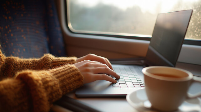 Cozy scene of a person typing on a laptop while enjoying a warm beverage, seated by a window in a train, with soft sunlight illuminating the workspace and creating a relaxed atmosphere