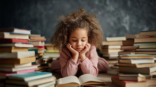 Young girl with curly hair is lying on the floor surrounded by stacks of books, deeply engaged in reading a book, showcasing a love for learning and exploration in a cozy environment