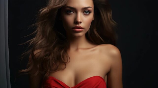 Woman in red strapless dress gazes directly. Long, wavy hair flows softly around her shoulders. Dark background highlights her elegant pose. Soft lighting accentuates her confident expression