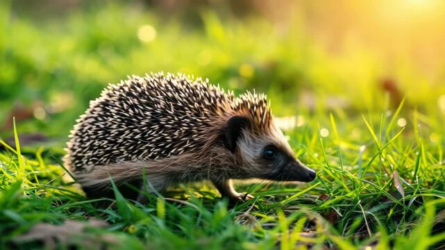Sunlight bathes a hedgehog in green grass. It walks slowly, quills gleaming in soft light. Its dark eyes watch ahead with quiet curiosity. Grass blades sway gently beneath its tiny paws
