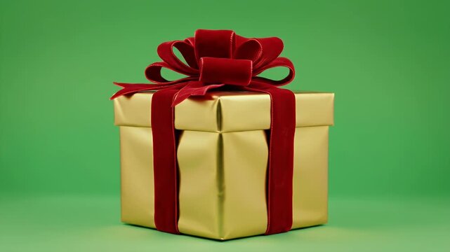 A golden gift box with a lush red bow and velvet ribbon against a green backdrop