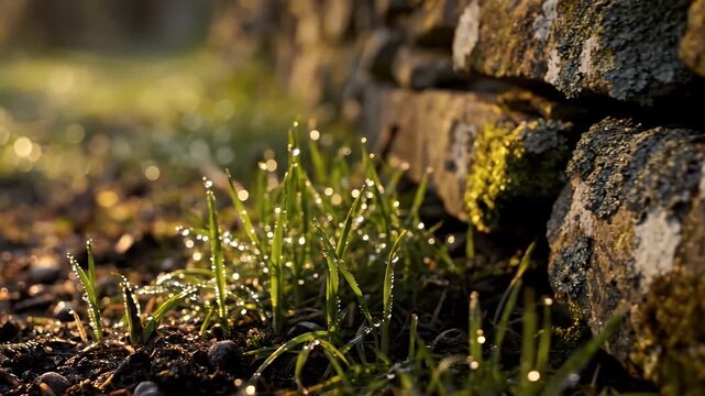 Emerald spring grass shoots with dew on damp soil by ancient stone wall bathed in golden hour light