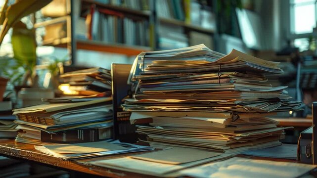Sunlight glows softly across cluttered desk. Stacks of papers and books dominate the surface. Warm tones highlight texture and depth. Faded pages suggest long hours of work
