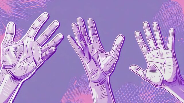 Three hands gesture upward against a purple backdrop. Each hand shows distinct finger positions. Lines define knuckles and hand contours. Soft shading adds depth to the