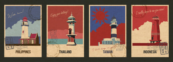 Philippines, Thailand, Taiwan, Indonesia Lighthouses Attraction Postcards, Popular Places Illustration Set, Vector Template Retro Style Greeting Cards. Vintage Colors, Aged Paper Texture © koyash07