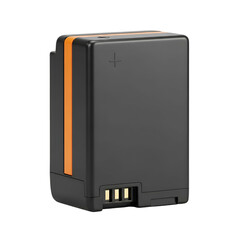 Rectangular, black object with orange stripe and gold connectors