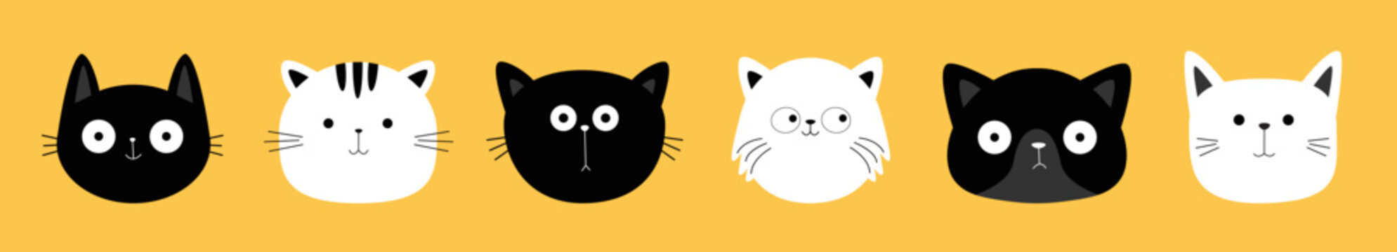 Cute black and white peeking cat icon set line. Funny Kitten, kitty face. Different breeds, patterns, colors, emotions. Cartoon kawaii character. Sticker print. Flat design. Yellow background. Vector