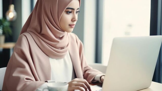 Young woman works on laptop at home. She wears modest hijab and pink top. Focused gaze shows concentration and calm. Soft lighting highlights her peaceful demeanor. Modern workspace feels clean