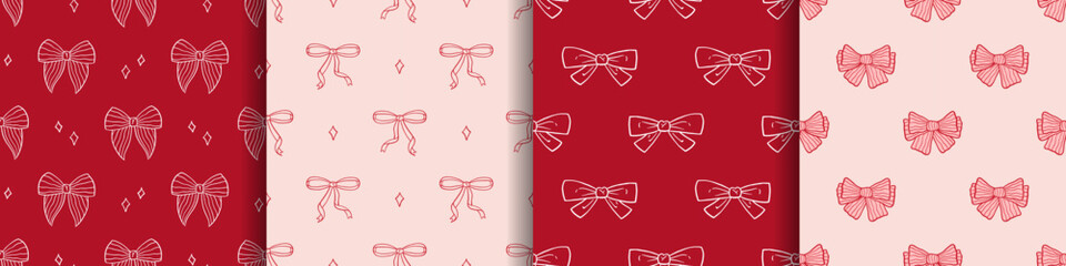 Vector cute seamless pattern collection with whimsical coquette ribbon bows on pink, red backgrounds. Charming pretty girly bow prints with outline doodles, sparkles for holiday gift wrap, textile.
